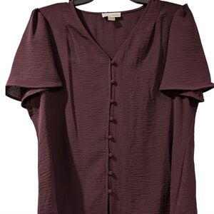 Calvin Klein V neck textured short sleeve top M Aubergine